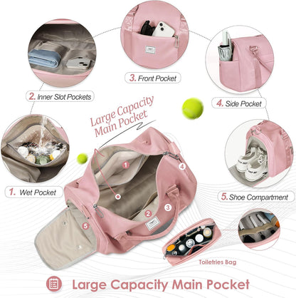 Womens Gym Tote Duffle Bag with Wet Pocket & Shoe Compartment, Sports Duffel Overnight Weekender Hospital Workout Carry on Bag for Girls, Ideal for Travel, Swimming, Dance, Ballet Beige