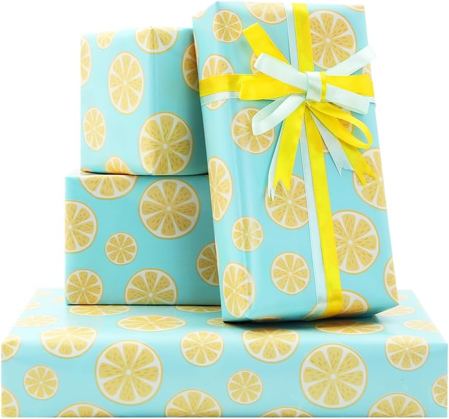 Lots of Yellow Summer Lemons Fruits On Green Gift Wrapping Paper and Ribbon Set For Kids- Vibrant Bold Pre cut & Folded Flat Flat Design Sheets For Holiday, 4-Sheets, 1-Designs: 15 sq. ft. ttl)