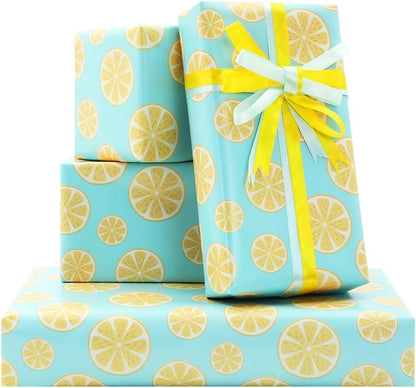 Lots of Yellow Summer Lemons Fruits On Green Gift Wrapping Paper and Ribbon Set For Kids- Vibrant Bold Pre cut & Folded Flat Flat Design Sheets For Holiday, 4-Sheets, 1-Designs: 15 sq. ft. ttl)