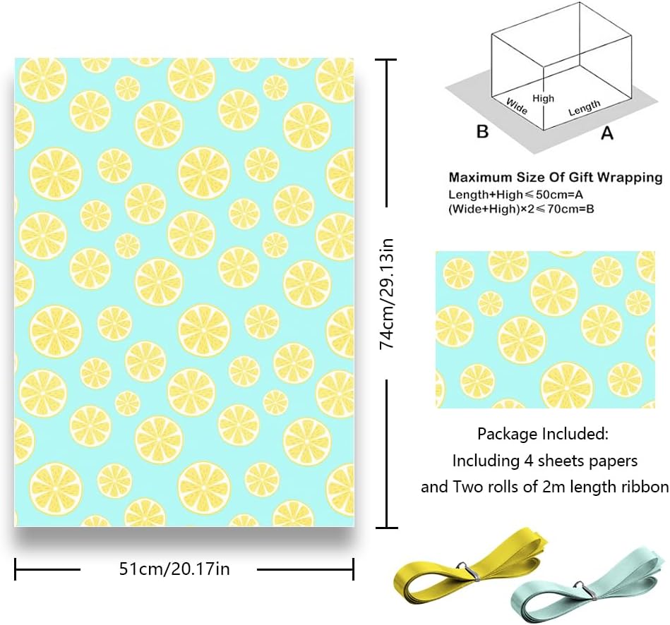Lots of Yellow Summer Lemons Fruits On Green Gift Wrapping Paper and Ribbon Set For Kids- Vibrant Bold Pre cut & Folded Flat Flat Design Sheets For Holiday, 4-Sheets, 1-Designs: 15 sq. ft. ttl)