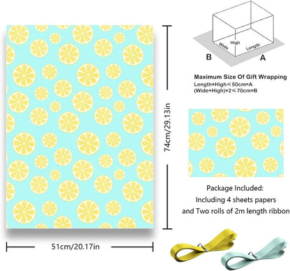 Lots of Yellow Summer Lemons Fruits On Green Gift Wrapping Paper and Ribbon Set For Kids- Vibrant Bold Pre cut & Folded Flat Flat Design Sheets For Holiday, 4-Sheets, 1-Designs: 15 sq. ft. ttl)