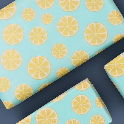 Lots of Yellow Summer Lemons Fruits On Green Gift Wrapping Paper and Ribbon Set For Kids- Vibrant Bold Pre cut & Folded Flat Flat Design Sheets For Holiday, 4-Sheets, 1-Designs: 15 sq. ft. ttl)