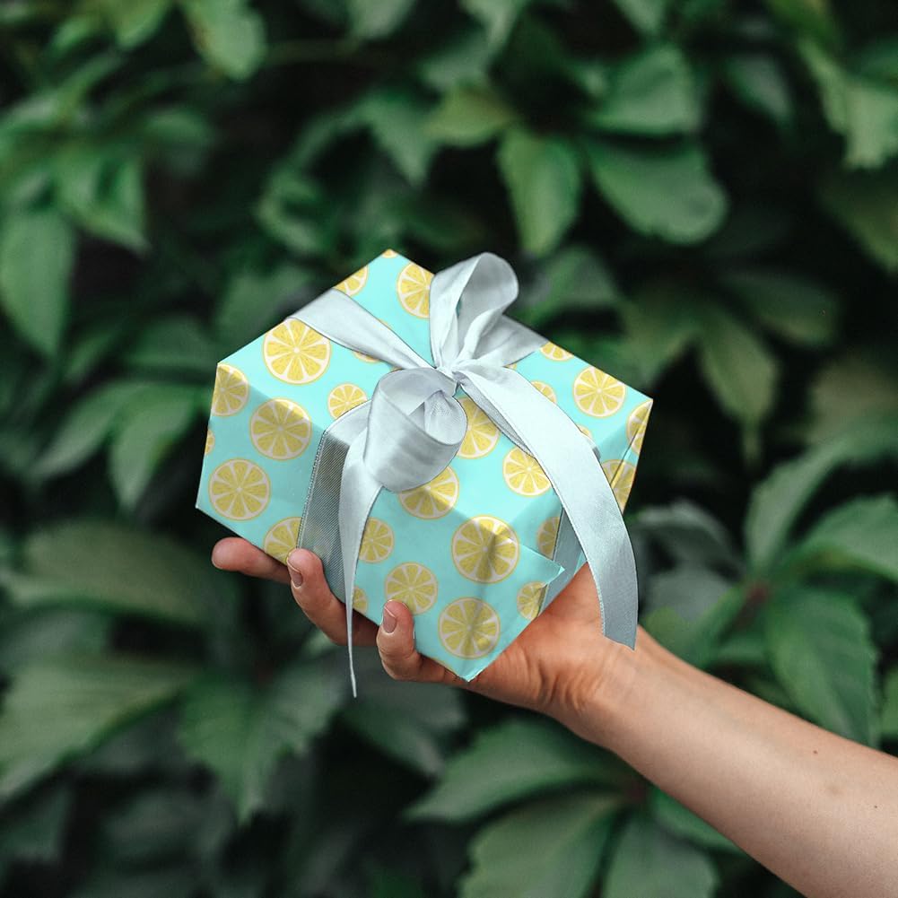Lots of Yellow Summer Lemons Fruits On Green Gift Wrapping Paper and Ribbon Set For Kids- Vibrant Bold Pre cut & Folded Flat Flat Design Sheets For Holiday, 4-Sheets, 1-Designs: 15 sq. ft. ttl)