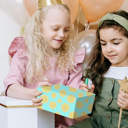 Lots of Yellow Summer Lemons Fruits On Green Gift Wrapping Paper and Ribbon Set For Kids- Vibrant Bold Pre cut & Folded Flat Flat Design Sheets For Holiday, 4-Sheets, 1-Designs: 15 sq. ft. ttl)