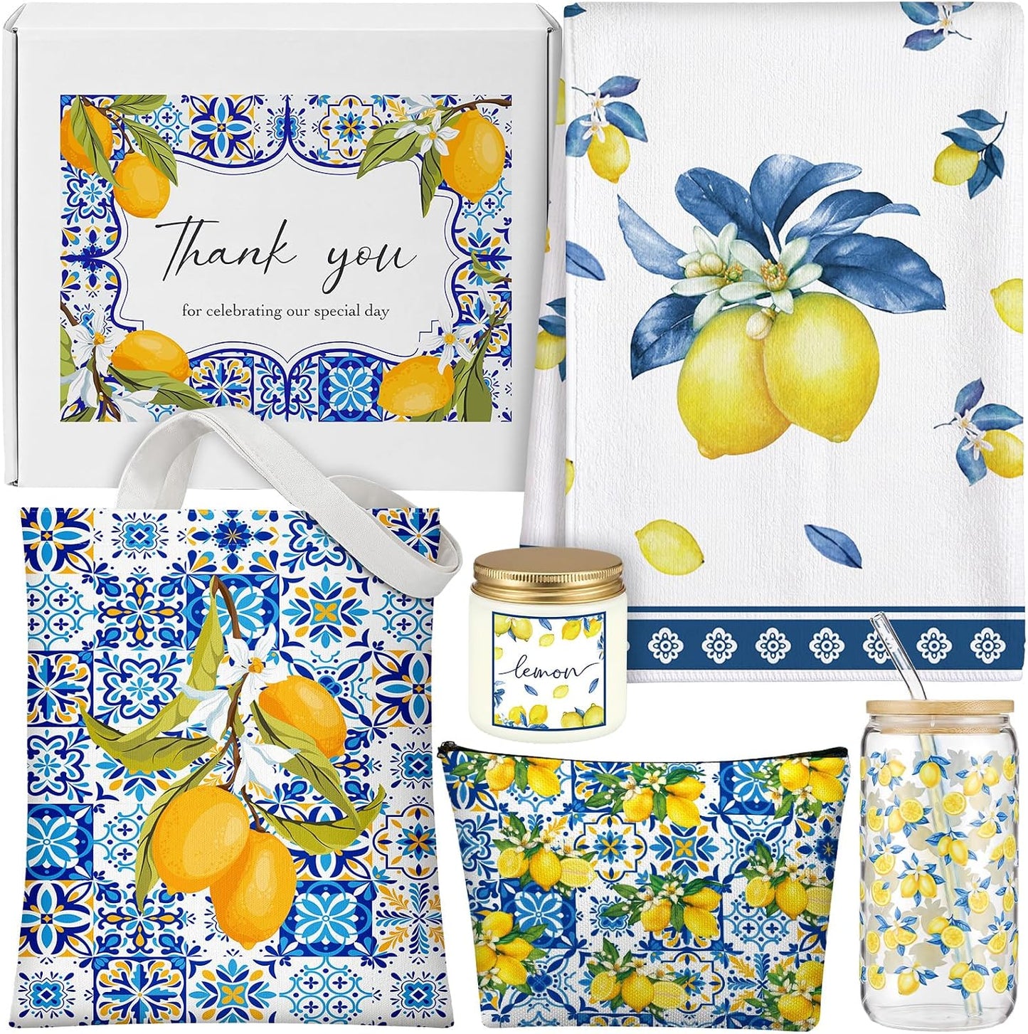 7 Pcs Italian Lemon Gifts Set for Women Amalfi Coast Souvenirs | Lemon Tote & Makeup Bag, Scented Candle, 16 oz Tumbler, Towel Raffia Box, Italy Mediterranean Souvenirs, for Summer Wedding