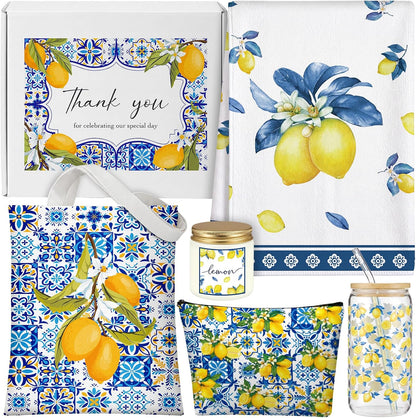 7 Pcs Italian Lemon Gifts Set for Women Amalfi Coast Souvenirs | Lemon Tote & Makeup Bag, Scented Candle, 16 oz Tumbler, Towel Raffia Box, Italy Mediterranean Souvenirs, for Summer Wedding