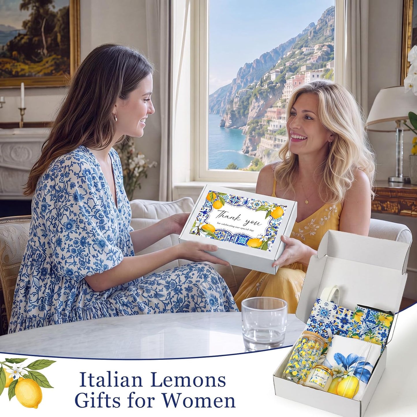 7 Pcs Italian Lemon Gifts Set for Women Amalfi Coast Souvenirs | Lemon Tote & Makeup Bag, Scented Candle, 16 oz Tumbler, Towel Raffia Box, Italy Mediterranean Souvenirs, for Summer Wedding