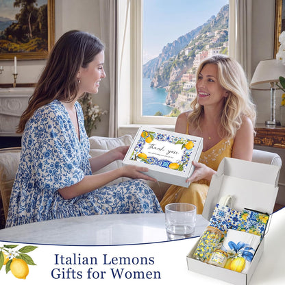 7 Pcs Italian Lemon Gifts Set for Women Amalfi Coast Souvenirs | Lemon Tote & Makeup Bag, Scented Candle, 16 oz Tumbler, Towel Raffia Box, Italy Mediterranean Souvenirs, for Summer Wedding