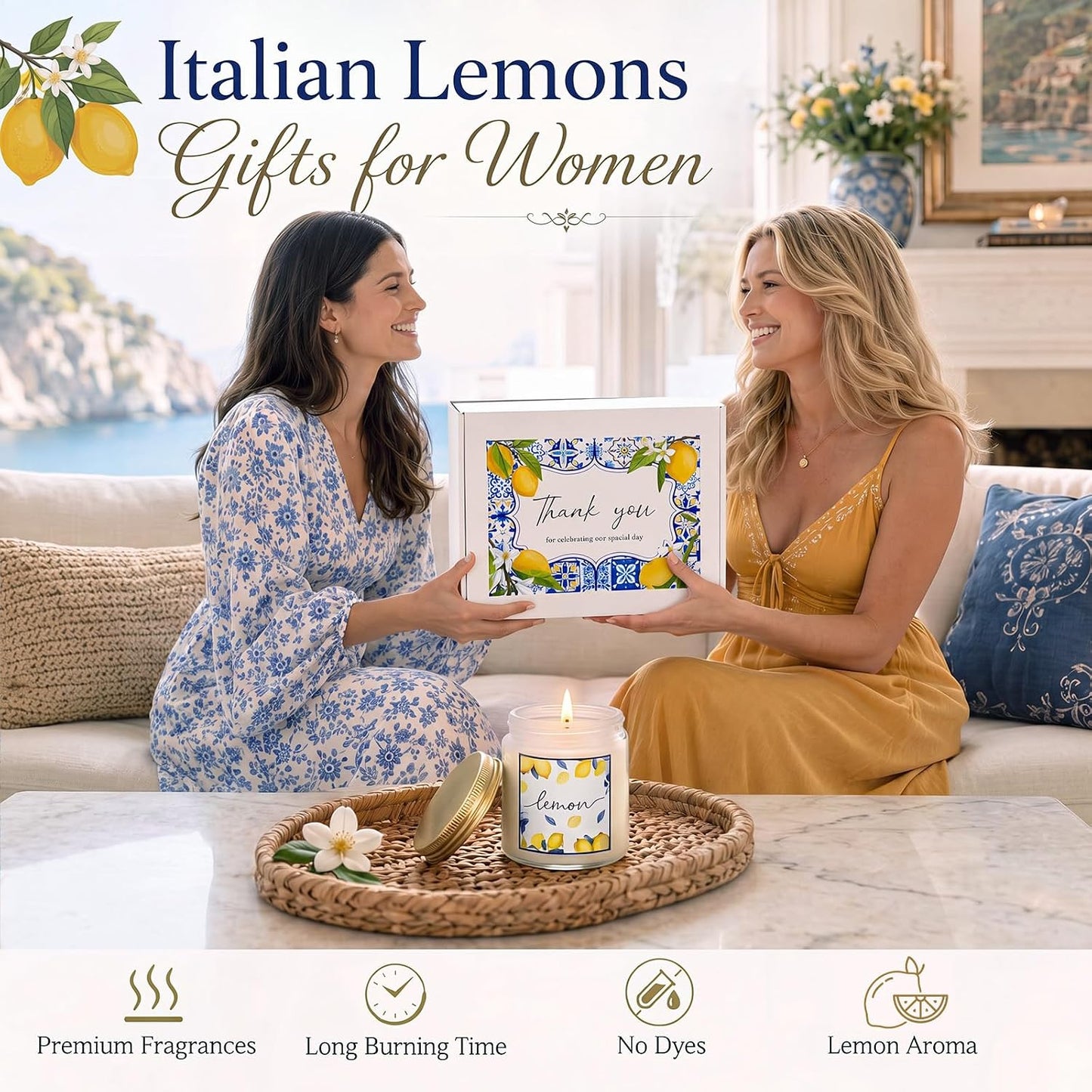 7 Pcs Italian Lemon Gifts Set for Women Amalfi Coast Souvenirs | Lemon Tote & Makeup Bag, Scented Candle, 16 oz Tumbler, Towel Raffia Box, Italy Mediterranean Souvenirs, for Summer Wedding