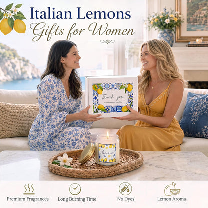 7 Pcs Italian Lemon Gifts Set for Women Amalfi Coast Souvenirs | Lemon Tote & Makeup Bag, Scented Candle, 16 oz Tumbler, Towel Raffia Box, Italy Mediterranean Souvenirs, for Summer Wedding