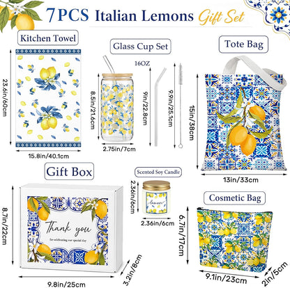 7 Pcs Italian Lemon Gifts Set for Women Amalfi Coast Souvenirs | Lemon Tote & Makeup Bag, Scented Candle, 16 oz Tumbler, Towel Raffia Box, Italy Mediterranean Souvenirs, for Summer Wedding