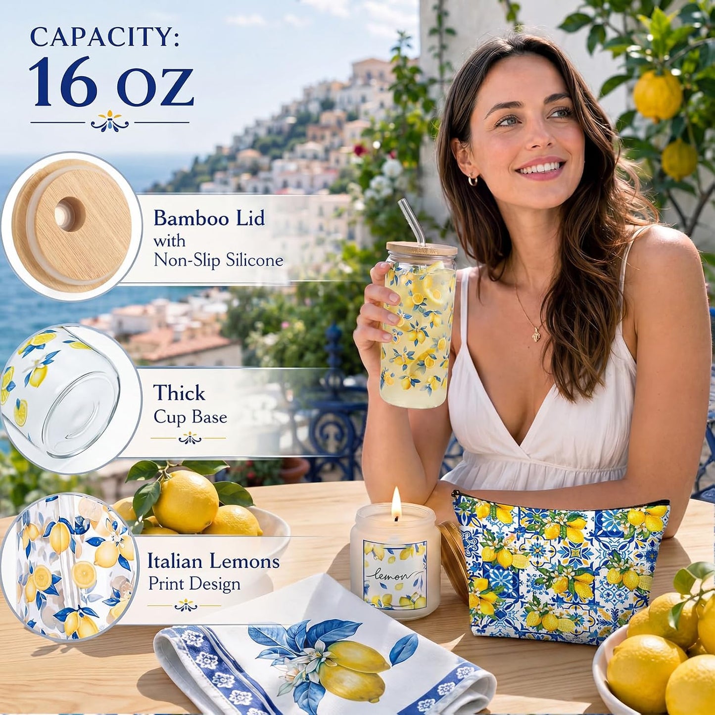 7 Pcs Italian Lemon Gifts Set for Women Amalfi Coast Souvenirs | Lemon Tote & Makeup Bag, Scented Candle, 16 oz Tumbler, Towel Raffia Box, Italy Mediterranean Souvenirs, for Summer Wedding