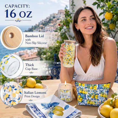7 Pcs Italian Lemon Gifts Set for Women Amalfi Coast Souvenirs | Lemon Tote & Makeup Bag, Scented Candle, 16 oz Tumbler, Towel Raffia Box, Italy Mediterranean Souvenirs, for Summer Wedding