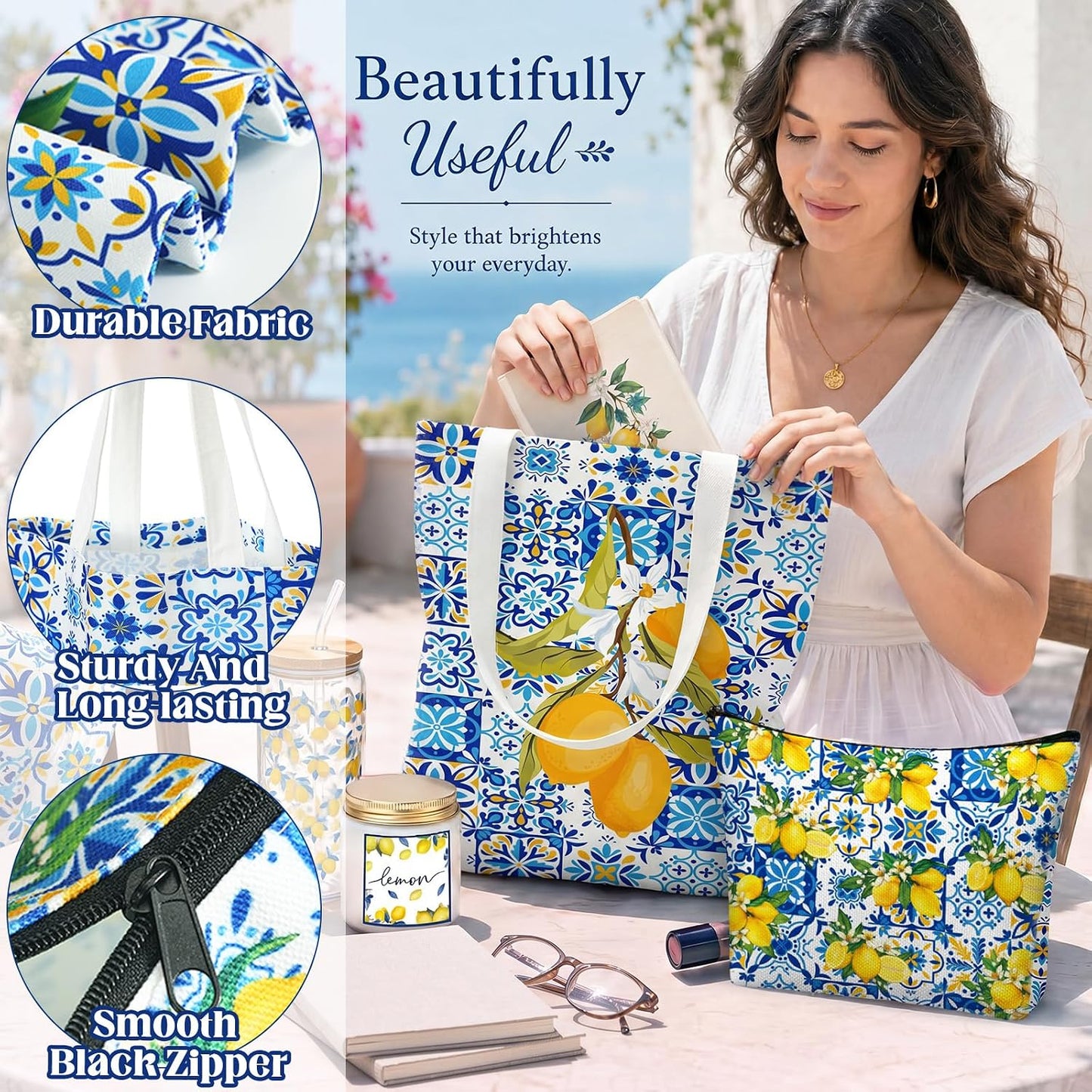 7 Pcs Italian Lemon Gifts Set for Women Amalfi Coast Souvenirs | Lemon Tote & Makeup Bag, Scented Candle, 16 oz Tumbler, Towel Raffia Box, Italy Mediterranean Souvenirs, for Summer Wedding