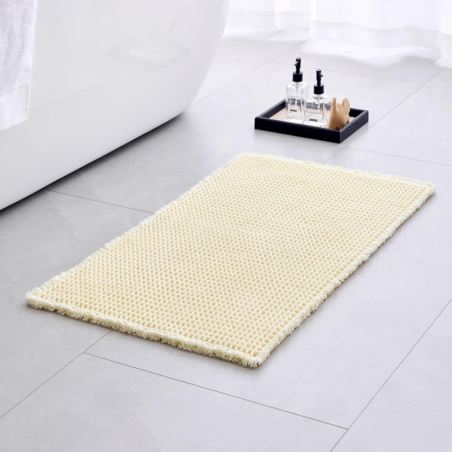 Waffle Bath Mat Non Slip Washable 32x20, Super Absorbent Quick Dry Boho Bathroom Rugs with Tassels, High Density Non Slip Backing, Luxury Carpet for Tub&Shower, Cream Yellow