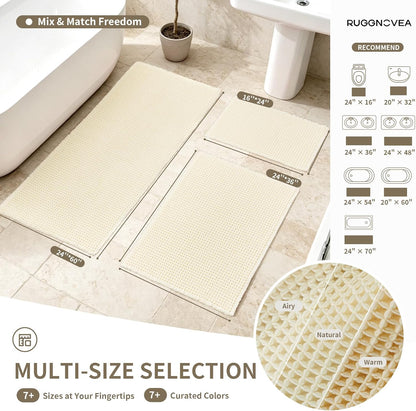 Waffle Bath Mat Non Slip Washable 32x20, Super Absorbent Quick Dry Boho Bathroom Rugs with Tassels, High Density Non Slip Backing, Luxury Carpet for Tub&Shower, Cream Yellow