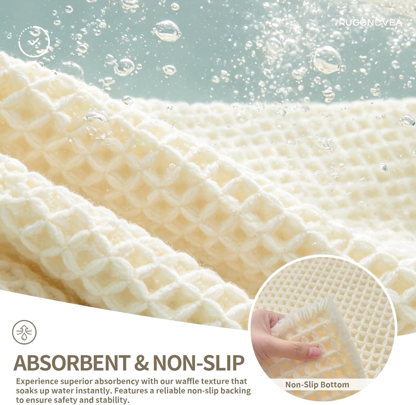 Waffle Bath Mat Non Slip Washable 32x20, Super Absorbent Quick Dry Boho Bathroom Rugs with Tassels, High Density Non Slip Backing, Luxury Carpet for Tub&Shower, Cream Yellow