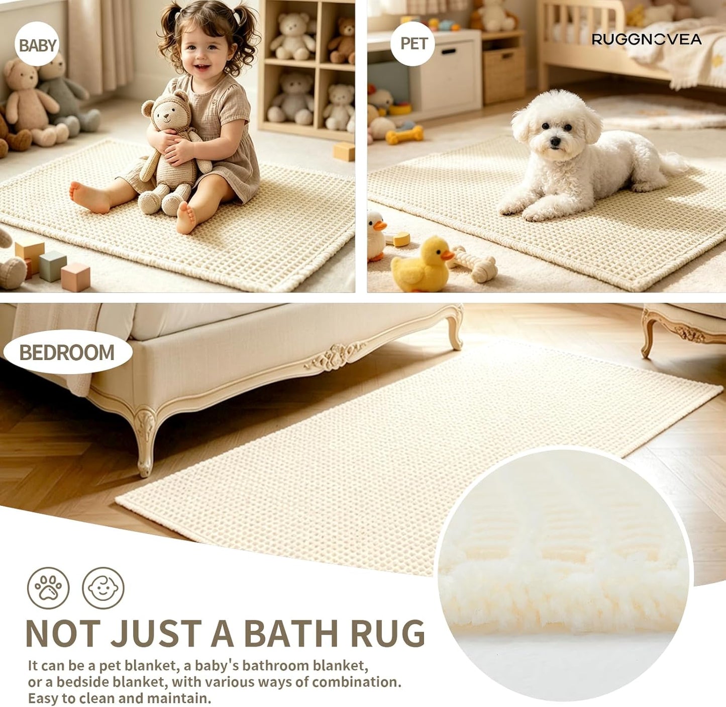 Waffle Bath Mat Non Slip Washable 32x20, Super Absorbent Quick Dry Boho Bathroom Rugs with Tassels, High Density Non Slip Backing, Luxury Carpet for Tub&Shower, Cream Yellow