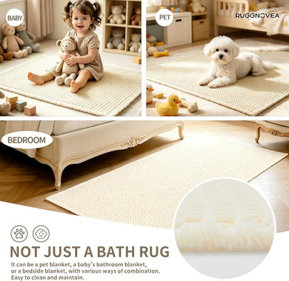 Waffle Bath Mat Non Slip Washable 32x20, Super Absorbent Quick Dry Boho Bathroom Rugs with Tassels, High Density Non Slip Backing, Luxury Carpet for Tub&Shower, Cream Yellow