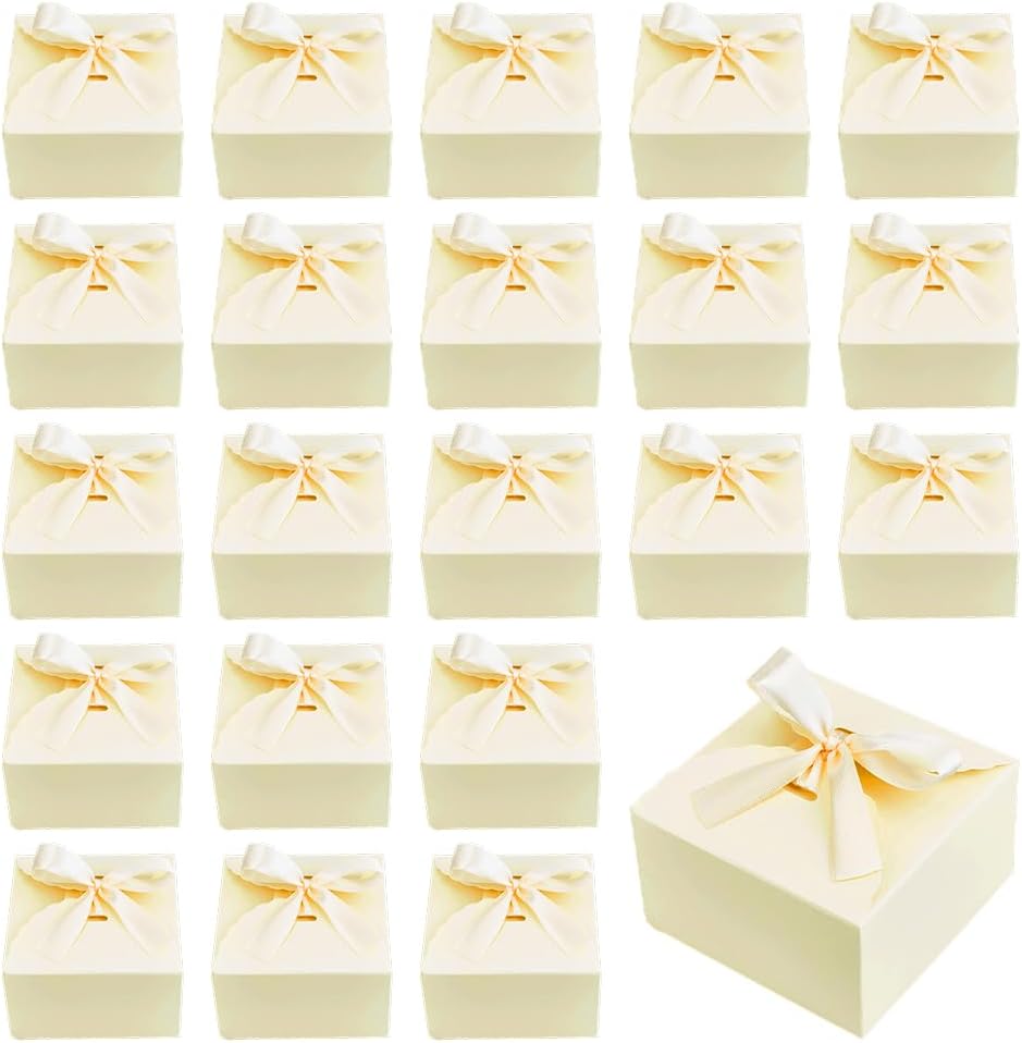 30pcs Gift Boxes Foldable Paper Box Candy Box Small Gift Packaging Boxes with Ribbon for Candy Cookie Proposal Wedding Gifts, Lemon Color 3.5x3.5x2 inch