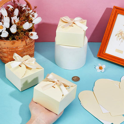 30pcs Gift Boxes Foldable Paper Box Candy Box Small Gift Packaging Boxes with Ribbon for Candy Cookie Proposal Wedding Gifts, Lemon Color 3.5x3.5x2 inch
