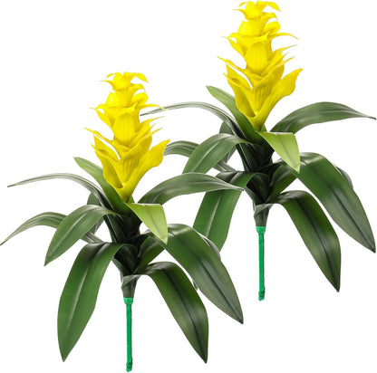 2 Pack 16'' Artificial Tropical Bromeliad Flower Fake Ginger Torch Red/Yellow Bromeliad Plant New House Gift for Indoor Outdoor Patio Garden Home Decor (Yellow)