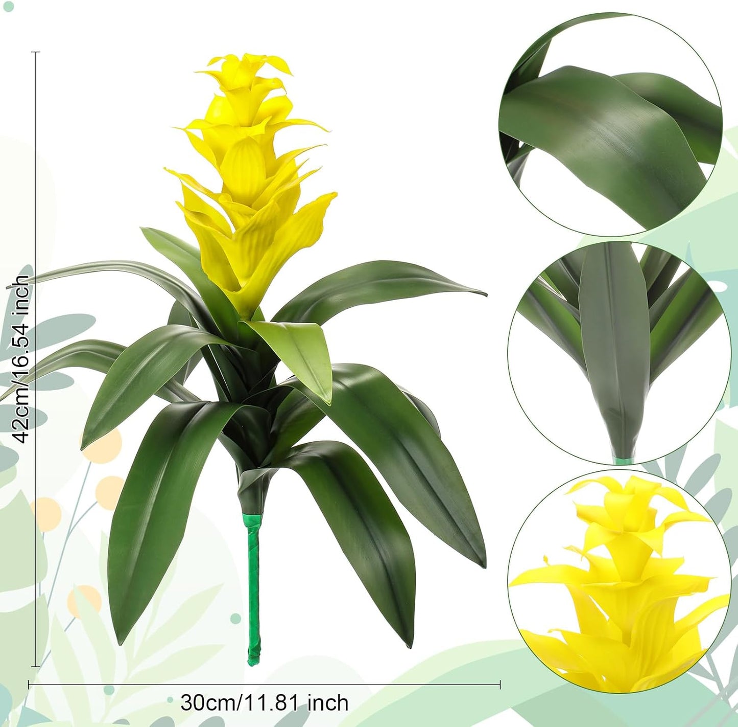2 Pack 16'' Artificial Tropical Bromeliad Flower Fake Ginger Torch Red/Yellow Bromeliad Plant New House Gift for Indoor Outdoor Patio Garden Home Decor (Yellow)