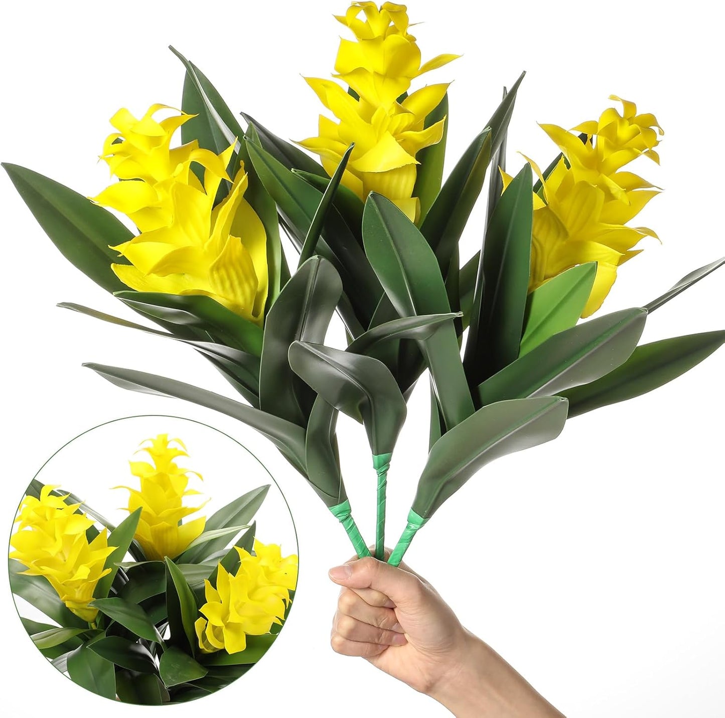 2 Pack 16'' Artificial Tropical Bromeliad Flower Fake Ginger Torch Red/Yellow Bromeliad Plant New House Gift for Indoor Outdoor Patio Garden Home Decor (Yellow)