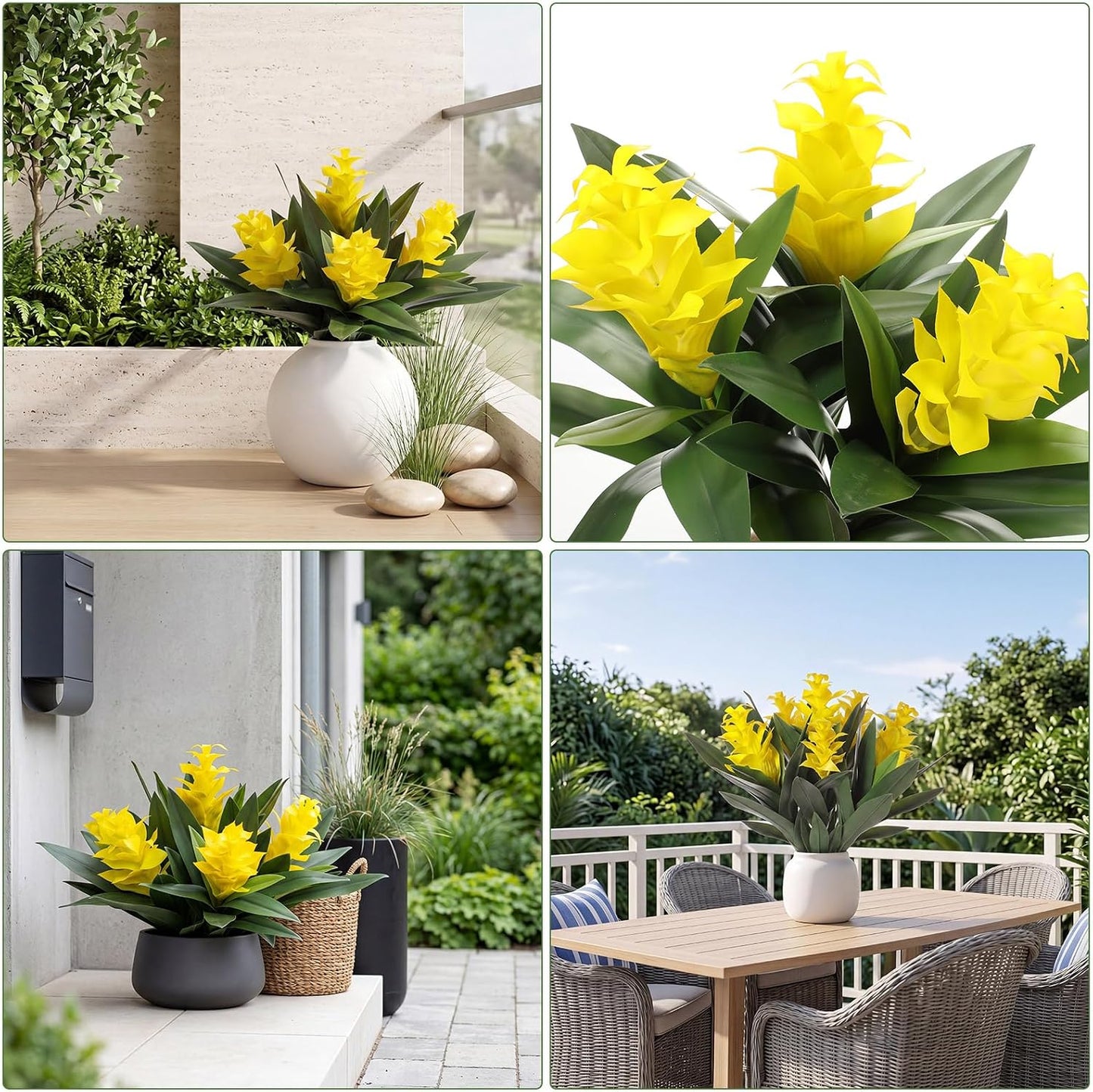 2 Pack 16'' Artificial Tropical Bromeliad Flower Fake Ginger Torch Red/Yellow Bromeliad Plant New House Gift for Indoor Outdoor Patio Garden Home Decor (Yellow)