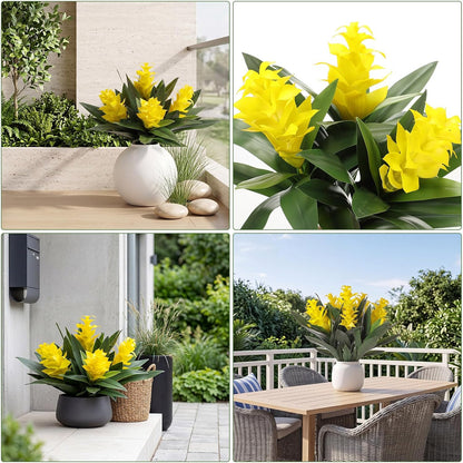 2 Pack 16'' Artificial Tropical Bromeliad Flower Fake Ginger Torch Red/Yellow Bromeliad Plant New House Gift for Indoor Outdoor Patio Garden Home Decor (Yellow)