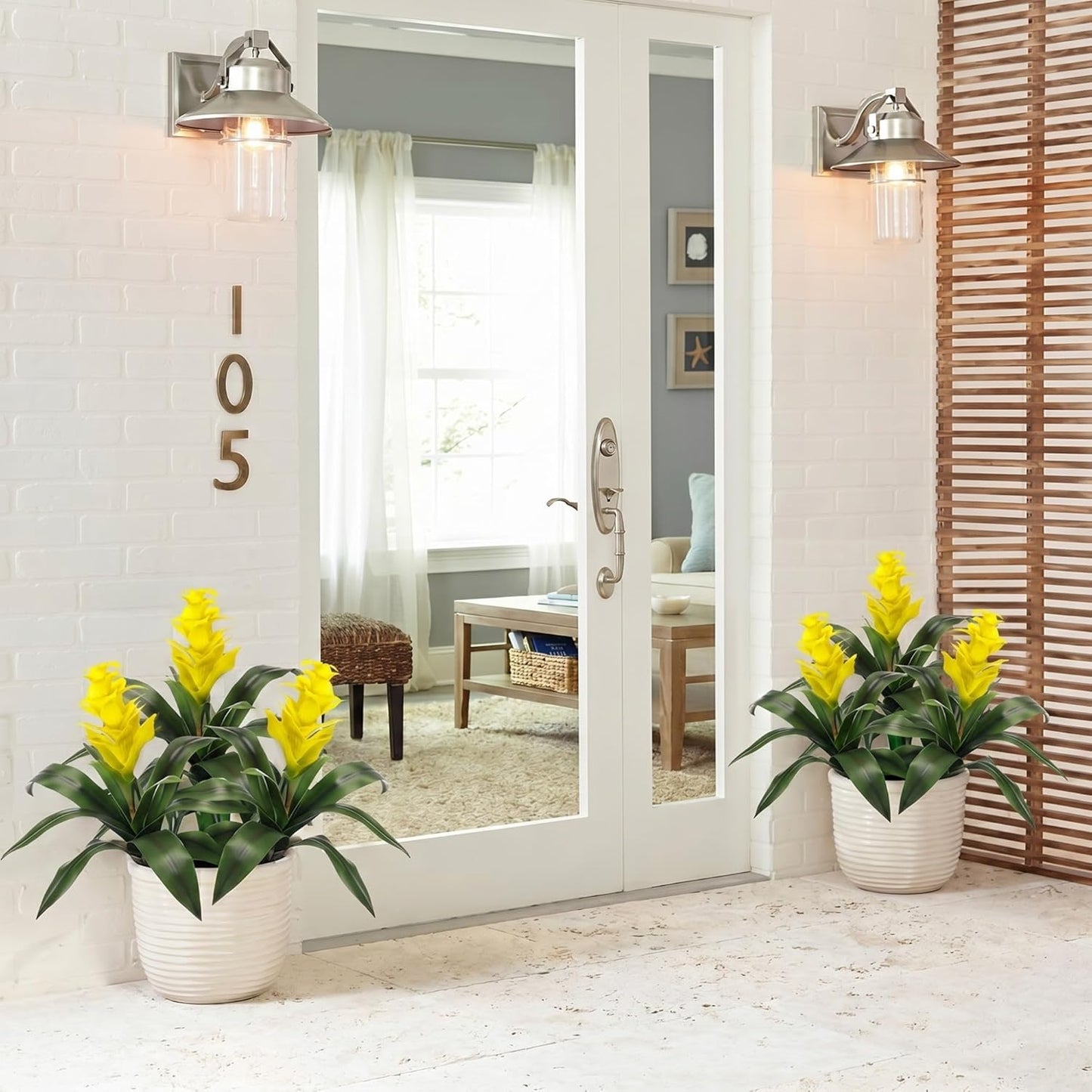 2 Pack 16'' Artificial Tropical Bromeliad Flower Fake Ginger Torch Red/Yellow Bromeliad Plant New House Gift for Indoor Outdoor Patio Garden Home Decor (Yellow)