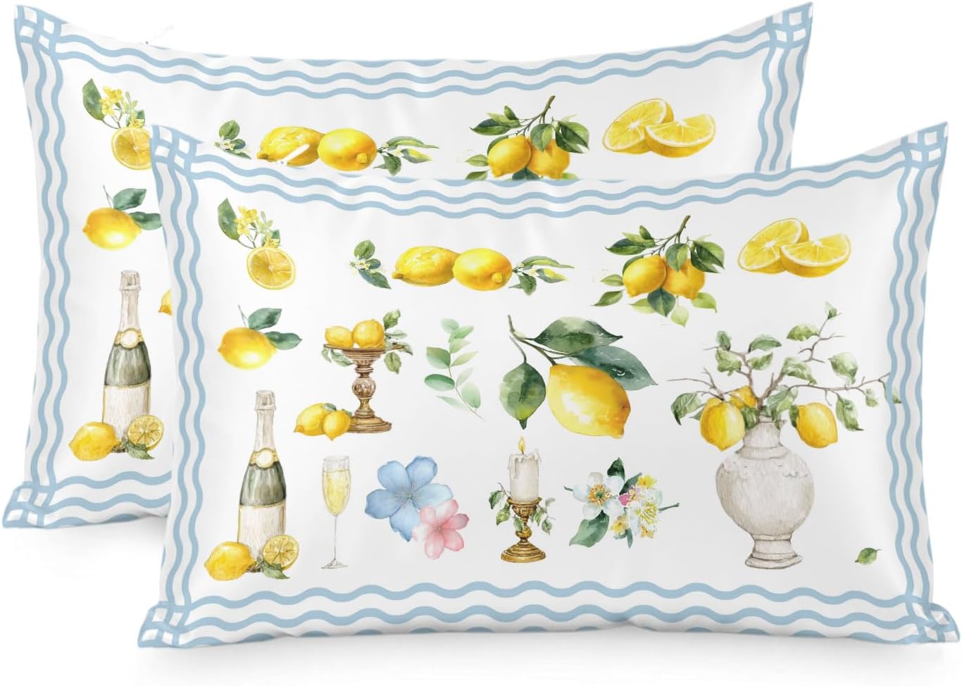 Boho Lemons Pillow Cases Standard Size Set of 2, Summer Yellow Fruits Flowers Leaf Blue Stripe Satin Pillowcase with Zipper for Hair/Skin, Decorative Pillow Covers for Bed/Couch/Sofa, 20x26 Inches