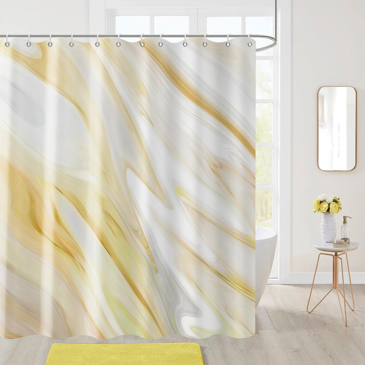 Yellow Marble Shower Curtain, Yellow Mix White Ombre Modern Abstract Wave Luxury Bathroom Curtain Bathtub Home Decor Waterproof Fabric Machine Washable with 12 PCS Hooks,72" Wx72 L