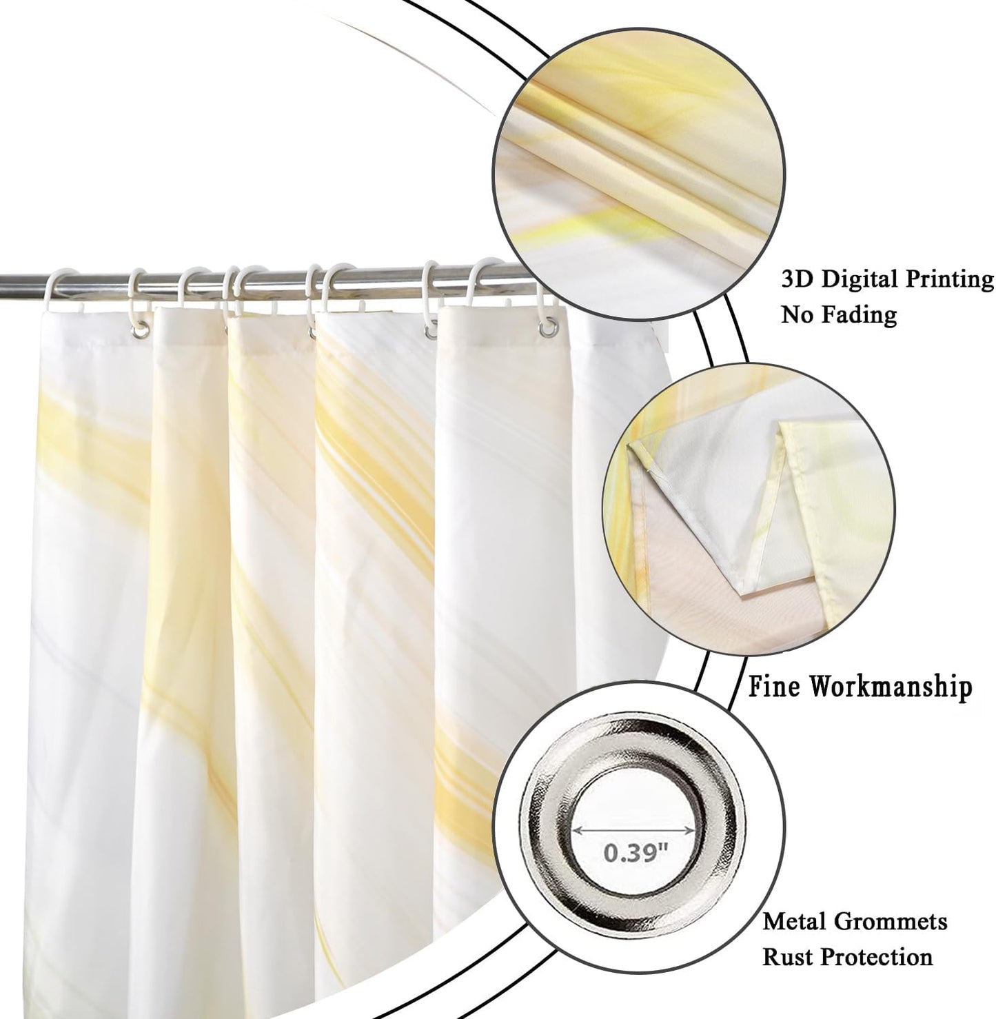 Yellow Marble Shower Curtain, Yellow Mix White Ombre Modern Abstract Wave Luxury Bathroom Curtain Bathtub Home Decor Waterproof Fabric Machine Washable with 12 PCS Hooks,72" Wx72 L