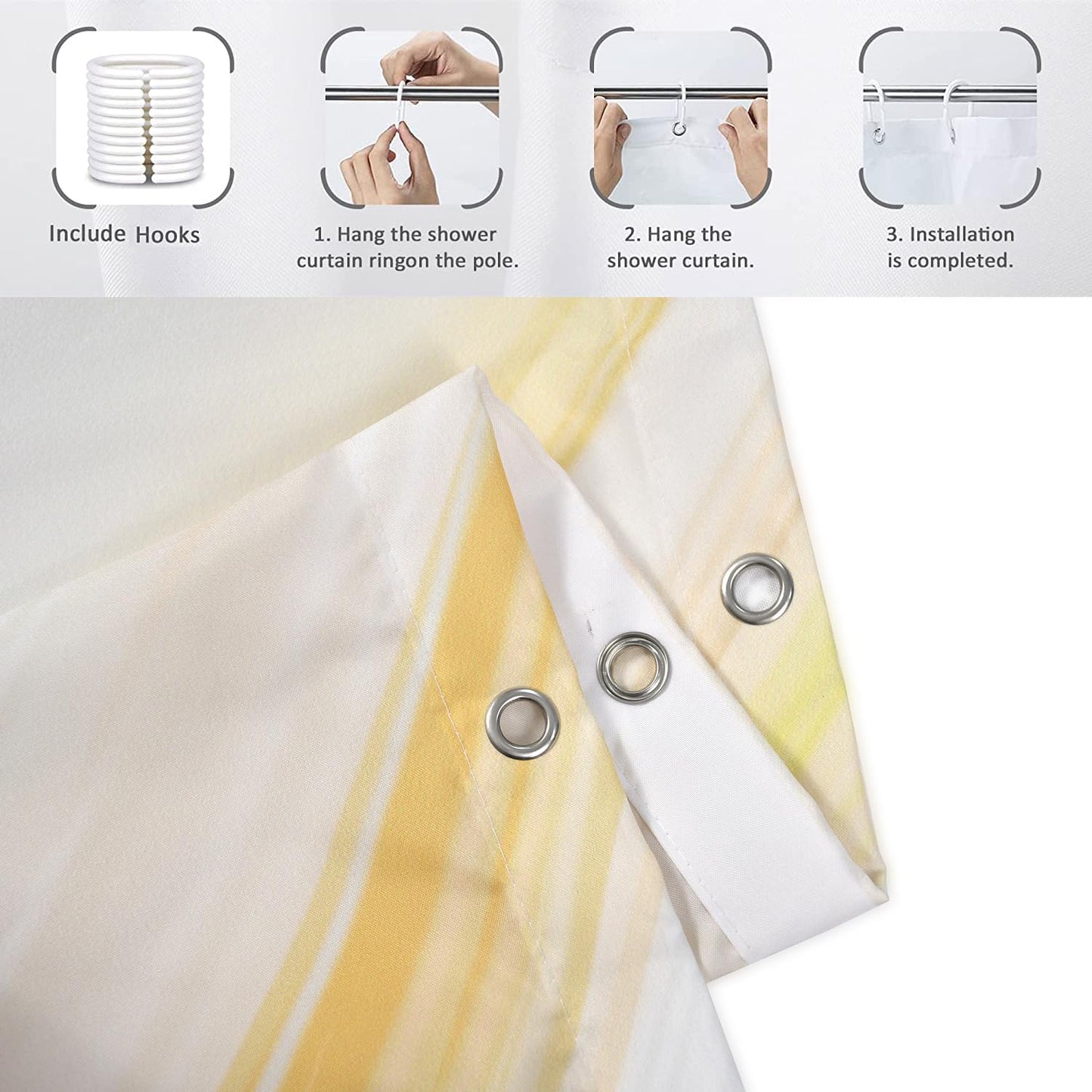 Yellow Marble Shower Curtain, Yellow Mix White Ombre Modern Abstract Wave Luxury Bathroom Curtain Bathtub Home Decor Waterproof Fabric Machine Washable with 12 PCS Hooks,72" Wx72 L