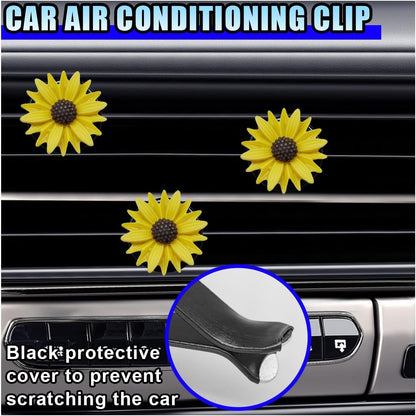 3PCS Daisy Flower Car Dashboard Air Vent Trim Clip, Cute Daisy Air Conditioner Outlet Clip Car Charm for Women, Car Air Vent Clip Auto Interior Decoration for Girls Present (Yellow)