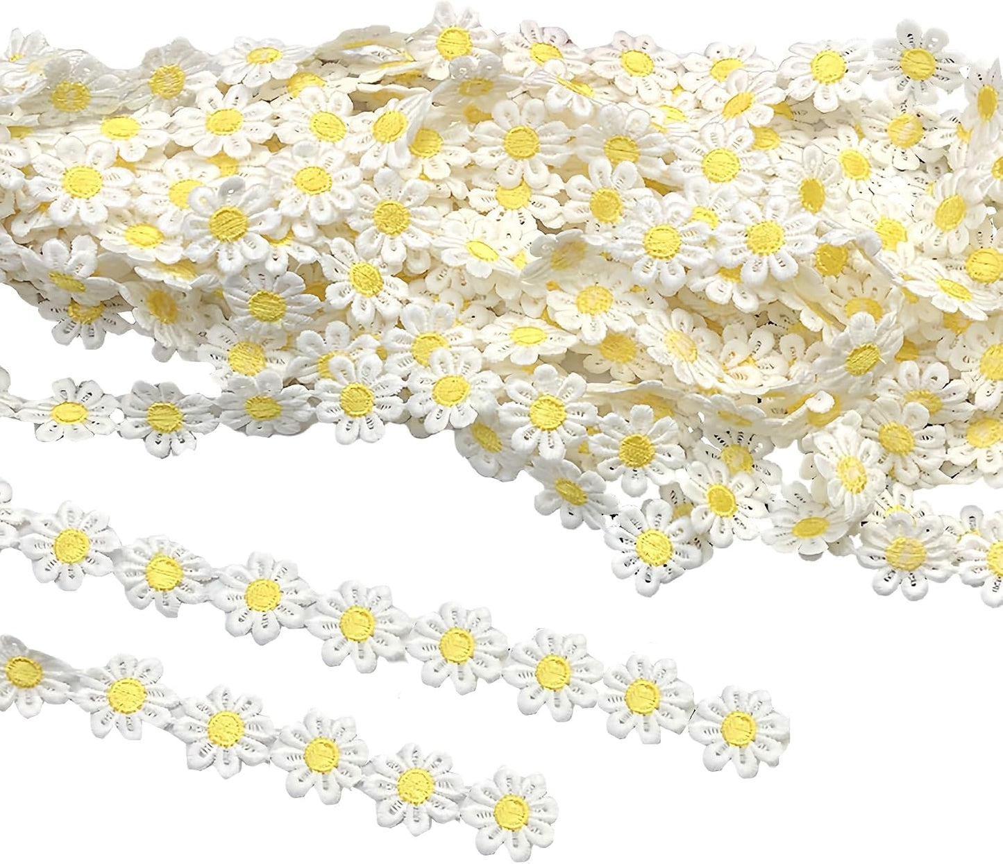 15 Yards Daisy Flower Lace Trim Embroidered Floral Lace Sewing Trim Ribbons for Embellishment Craft Dress Hair Accessories Decorations (White with Yellow, 1" x 15 Yards)