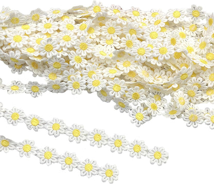 15 Yards Daisy Flower Lace Trim Embroidered Floral Lace Sewing Trim Ribbons for Embellishment Craft Dress Hair Accessories Decorations (White with Yellow, 1" x 15 Yards)