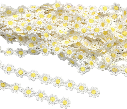 15 Yards Daisy Flower Lace Trim Embroidered Floral Lace Sewing Trim Ribbons for Embellishment Craft Dress Hair Accessories Decorations (White with Yellow, 1" x 15 Yards)