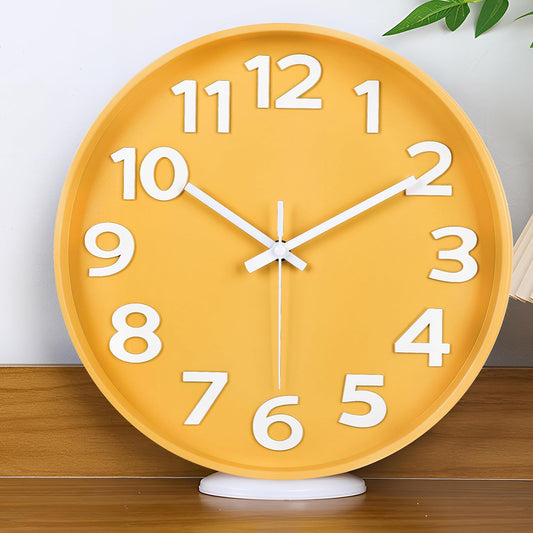 12-Inch Modern Yellow Indoor/Outdoor Wall Clock, Silent Non-Ticking, Large Numbers, Accurate Timekeeping, Perfect Decorative Accent for Home or Office (Yellow)