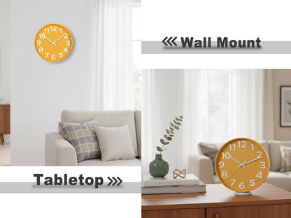 12-Inch Modern Yellow Indoor/Outdoor Wall Clock, Silent Non-Ticking, Large Numbers, Accurate Timekeeping, Perfect Decorative Accent for Home or Office (Yellow)
