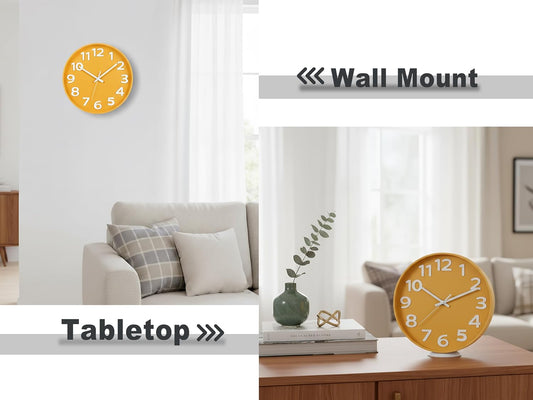 12-Inch Modern Yellow Indoor/Outdoor Wall Clock, Silent Non-Ticking, Large Numbers, Accurate Timekeeping, Perfect Decorative Accent for Home or Office (Yellow)