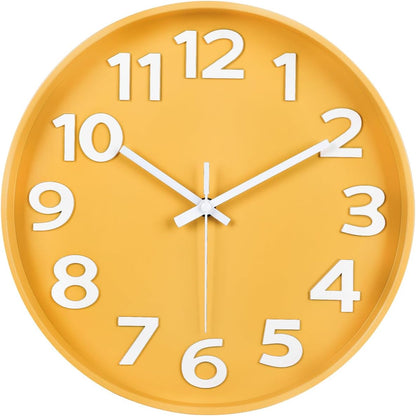 12-Inch Modern Yellow Indoor/Outdoor Wall Clock, Silent Non-Ticking, Large Numbers, Accurate Timekeeping, Perfect Decorative Accent for Home or Office (Yellow)