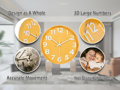 12-Inch Modern Yellow Indoor/Outdoor Wall Clock, Silent Non-Ticking, Large Numbers, Accurate Timekeeping, Perfect Decorative Accent for Home or Office (Yellow)