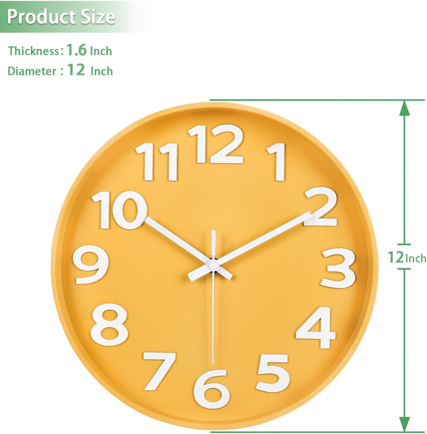 12-Inch Modern Yellow Indoor/Outdoor Wall Clock, Silent Non-Ticking, Large Numbers, Accurate Timekeeping, Perfect Decorative Accent for Home or Office (Yellow)