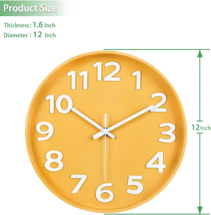 12-Inch Modern Yellow Indoor/Outdoor Wall Clock, Silent Non-Ticking, Large Numbers, Accurate Timekeeping, Perfect Decorative Accent for Home or Office (Yellow)