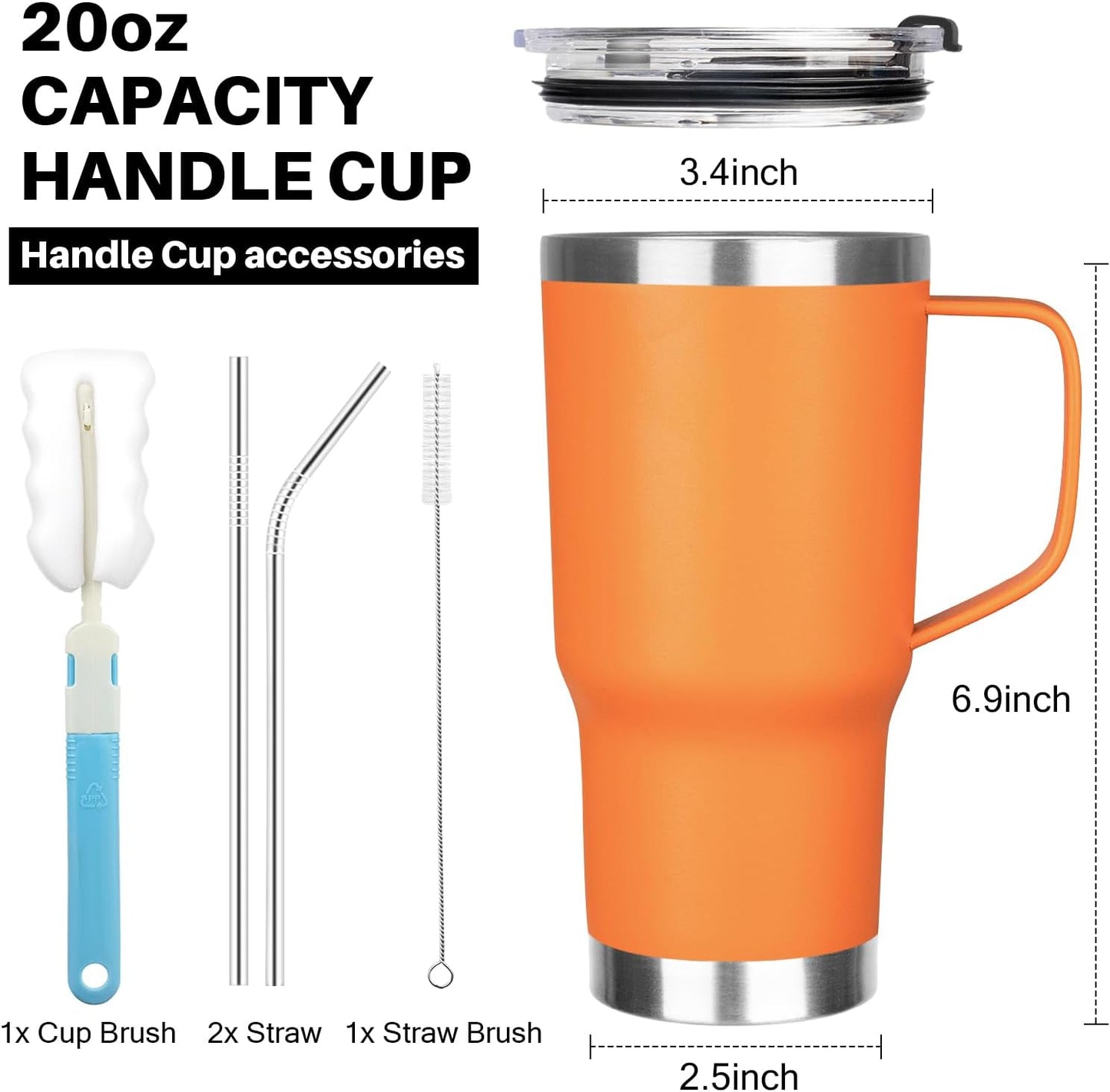 20 oz Tumbler with Handle, Stainless Steel Insulated Tumbler with Lid and Straw, Double Wall Vacuum Coffee Mug Tumbler, Insulated Coffee Thermal Cup for Cold and Hot (Yellow, 20 Ounces)