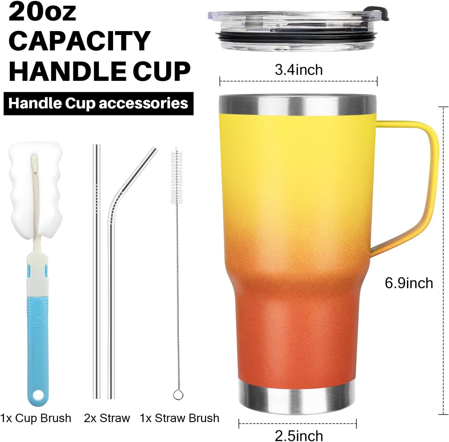 20 oz Tumbler with Handle, Stainless Steel Insulated Tumbler with Lid and Straw, Double Wall Vacuum Coffee Mug Tumbler, Insulated Coffee Thermal Cup for Cold and Hot (Yellow, 20 Ounces)