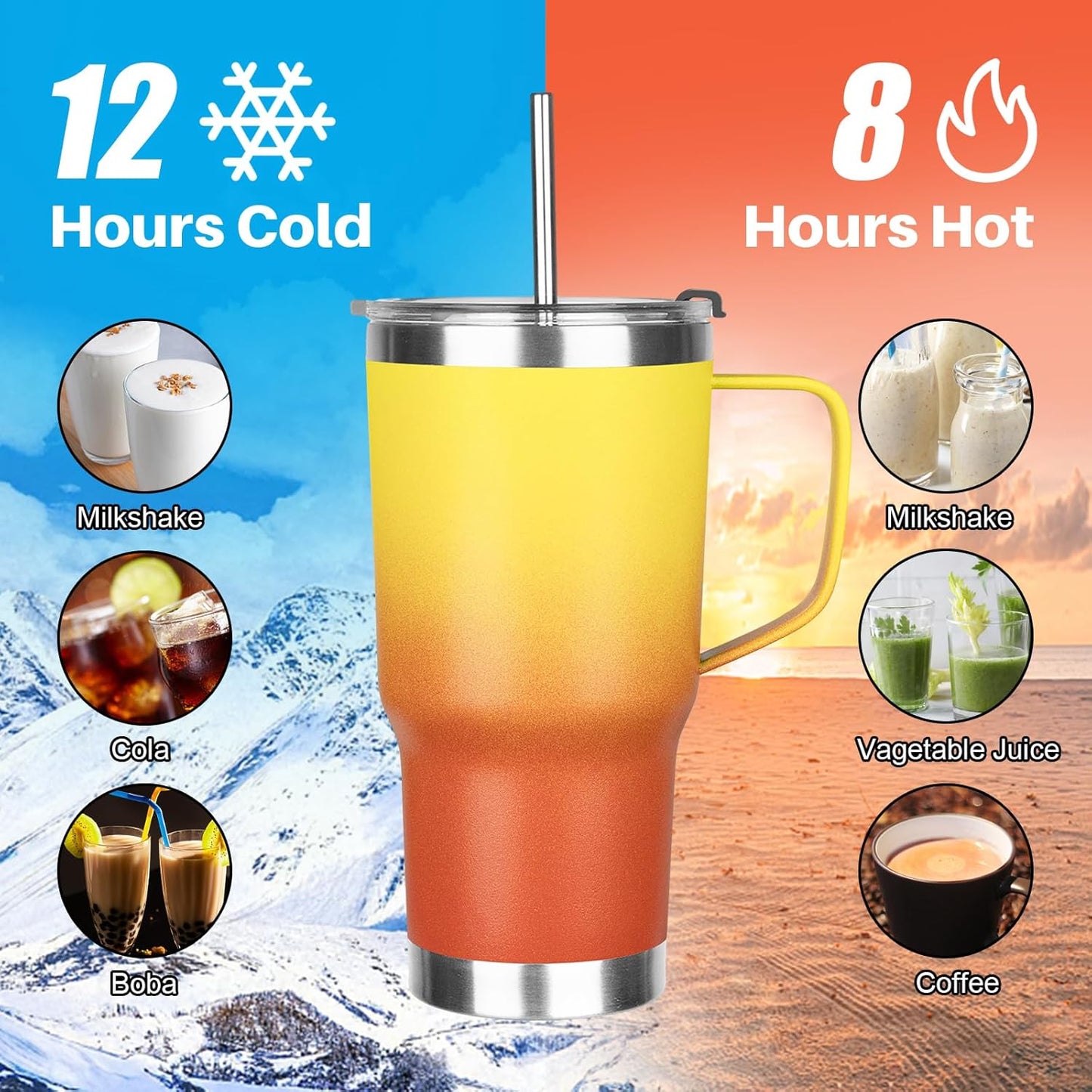 20 oz Tumbler with Handle, Stainless Steel Insulated Tumbler with Lid and Straw, Double Wall Vacuum Coffee Mug Tumbler, Insulated Coffee Thermal Cup for Cold and Hot (Yellow, 20 Ounces)