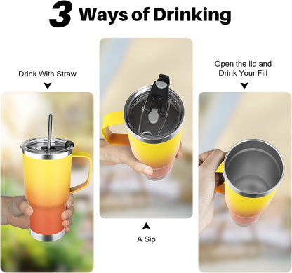 20 oz Tumbler with Handle, Stainless Steel Insulated Tumbler with Lid and Straw, Double Wall Vacuum Coffee Mug Tumbler, Insulated Coffee Thermal Cup for Cold and Hot (Yellow, 20 Ounces)